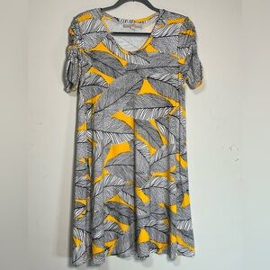 Loft Yellow Black White Leaves Stretch Dress With Ruched Sleeves Size M (G)